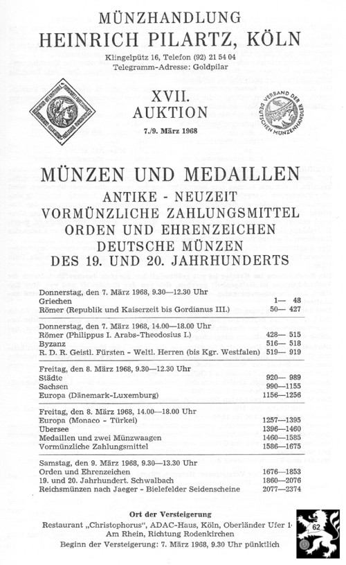  Pilartz (Köln) Auktion 17 (1968) Münzen & Medaillen - Antike ,Mittelalter ,Neuzeit ua. Serie Sachsen   