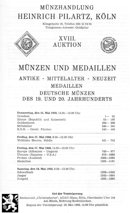  Pilartz (Köln) Auktion 18 (1968) Antike ,Mittelalter ,Neuzeit ua.deutsche Münzen des 19 und 20 Jhdt.   