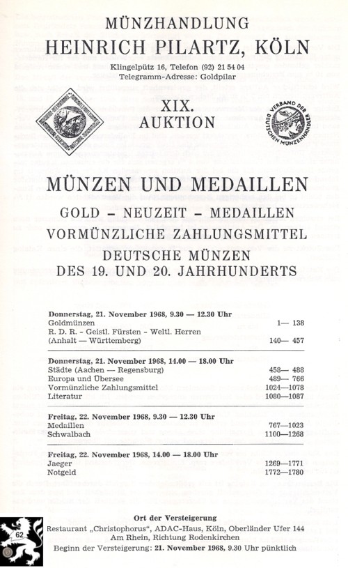  Pilartz (Köln) Auktion 19 (1968) Münzen & Medaillen - Antike ,Mittelalter ,Neuzeit   
