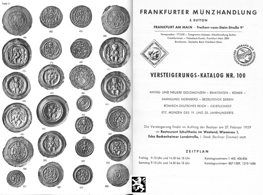  Button (Frankfurt) Auktion 100 (1959) Sammlung Nürnberg / Römer ,Brakteaten ,Bedeutende Serien RDR   