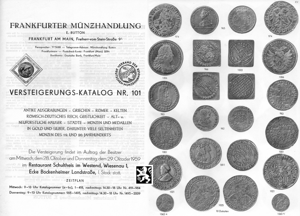  Button (Frankfurt) Auktion 101 (1959) Münzen der Antike ,Mittelalter Karolinger ,Brakteaten ,Neuzeit   