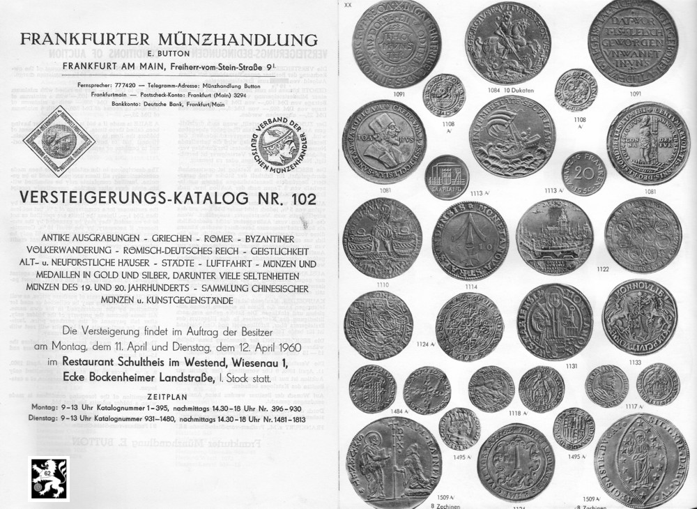  Button (Frankfurt) Auktion 102 (1960) Antike ,Mittelalter ,Neuzeit ua Sammlung Chinesischer Münzen   