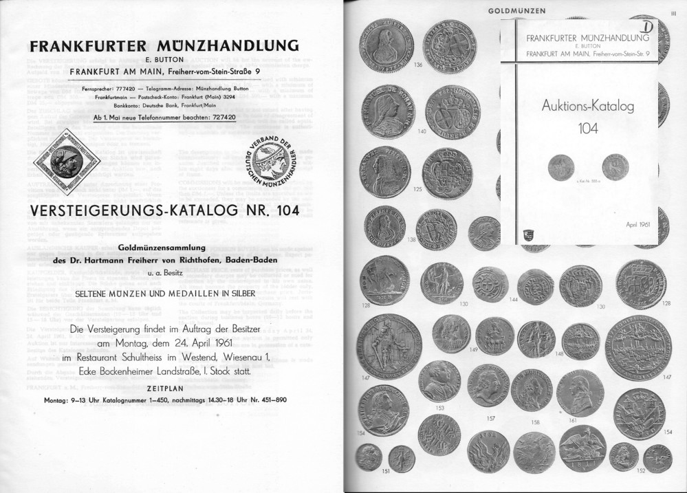 Button (Frankfurt) Auktion 104 (1961) Goldmünzensammlung des Dr. Hartmann Freiherr von Richthofen ua   