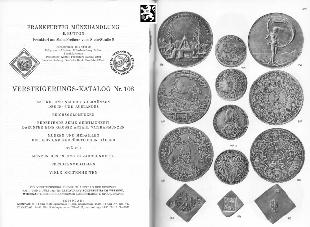  Button (Frankfurt) Auktion 108 (1963) Antike - Neuzeit Bedeutende Serie Geistlichkeit ,Vatikanmünzen   