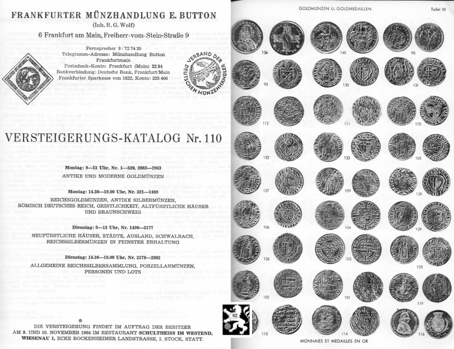  Button (Frankfurt) Auktion 110 (1964) Antike ,Mittelalter ,Neuzeit ua Goldmünzen /Serie Braunschweig   
