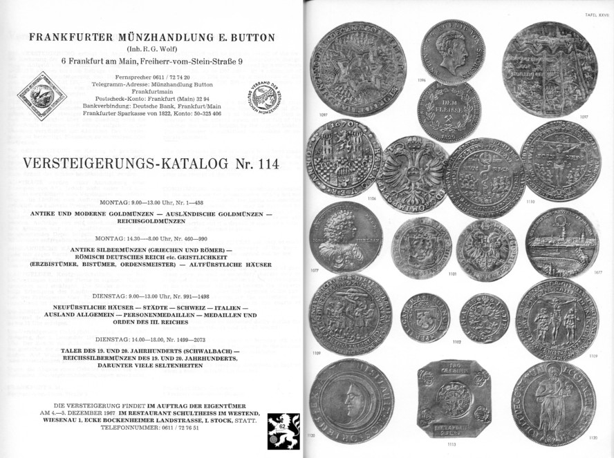  Button (Frankfurt) Auktion 114 (1967) Antike bis Neuzeit ua Taler des 19 und 20 Jahrhunderts   