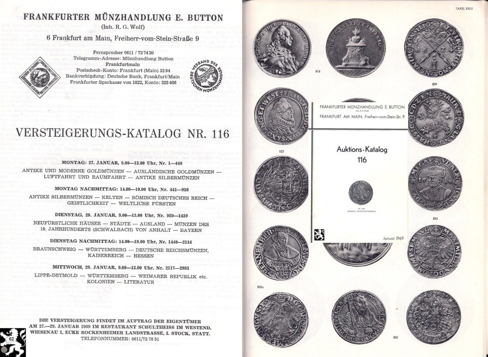  Button (Frankfurt) Auktion 116 (1969) Antike Silbermünzen Griechen & Römer sowie Kelten / Neuzeit   
