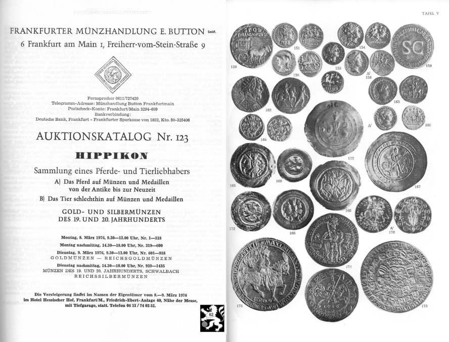  Button (Frankfurt) Auktion 123 (1976) Pferde Hippokon Sammlung eines Pferde und Tierliebhabers   