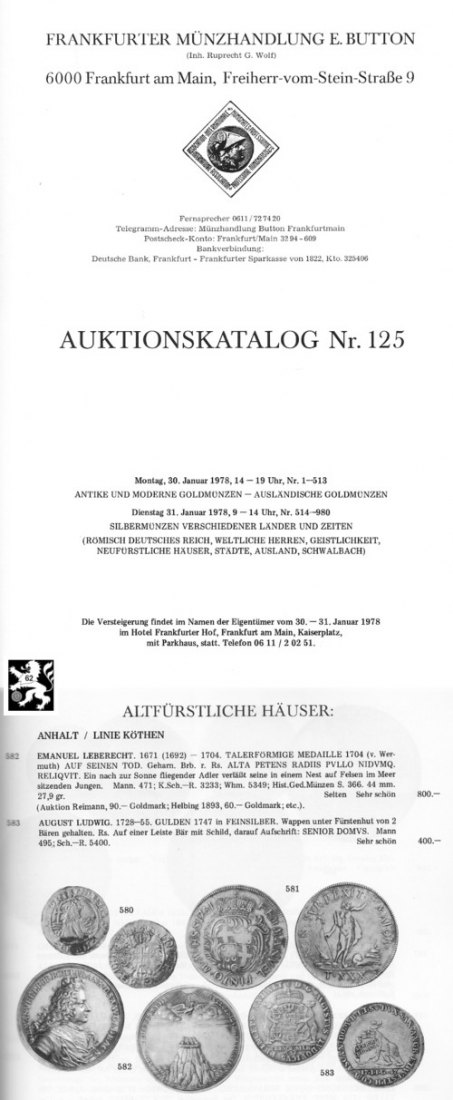  Button (Frankfurt) Auktion 125 (1978) Münzen der Antike ,Mittelalter und Neuzeit (Hardcover)   