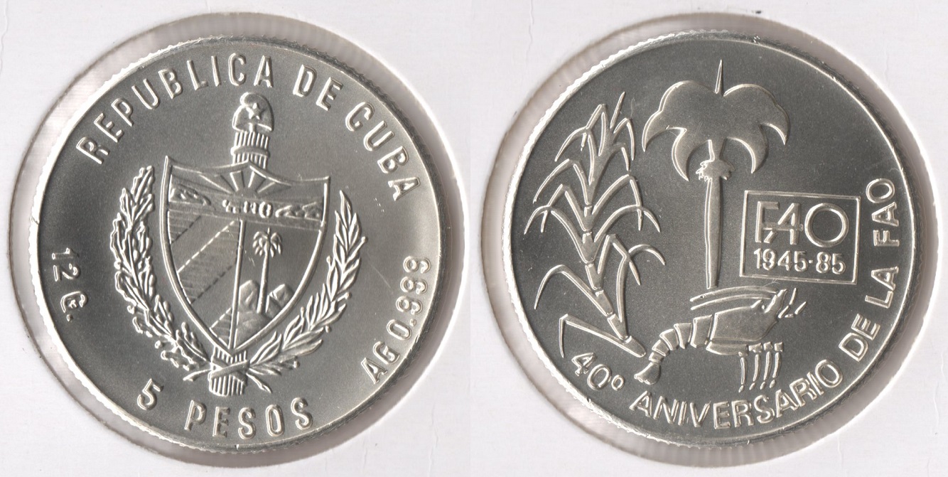  Kuba 5 Pesos 1985 40 Jahre FAO Schön #125 Stgl. / Silber * * Max. 4.500 Ex. * *   