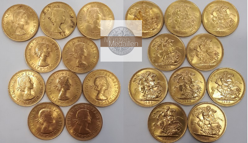 Grossbritannien, Elisabeth II. seit 1952 MM-Frankfurt Feingewicht: 73,22g Gold 10 x Sovereign verschiedene vorzüglich/sehr schön