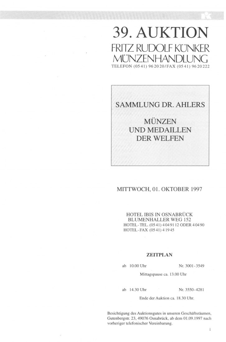  Künker (Osnabrück) 39 (1997) Sammlung Dr. Ahlers - Münzen und Medaillen der Welfen   