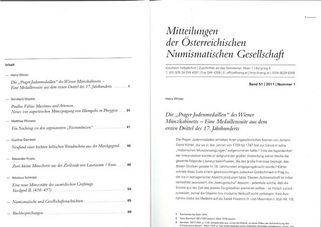  Österreich, Mitteilungen der Österreichischen Numismatischen Gesellschaft, Band 51, 2011 Nr. 1   