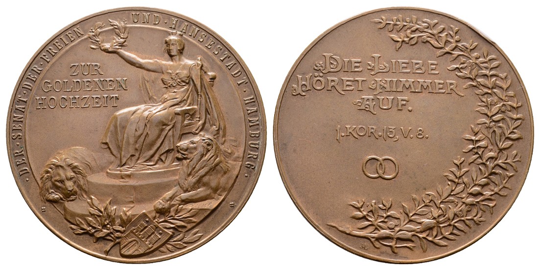  Linnartz Hamburg Bronzemed. (um 1898 v. Vogel),Goldene Hochzeit.SENATSGABE 50mm,59,3Gr,kl. Rdf.vz   