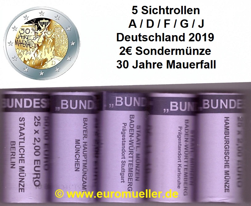 Deutschland 5 Rollen 2 Euro Gedenkmünze 2019...Mauerfall   