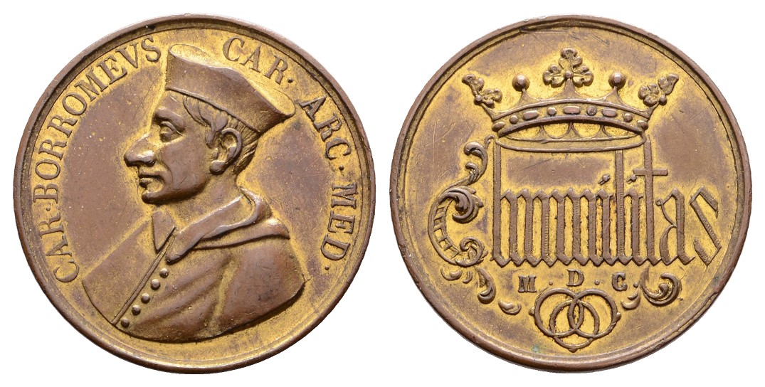  Linnartz Italien Mailand Vergoldete Bronzemed. 1900,  Kardinal Borromeo, 32mm, 15,55 Gr., vz+   