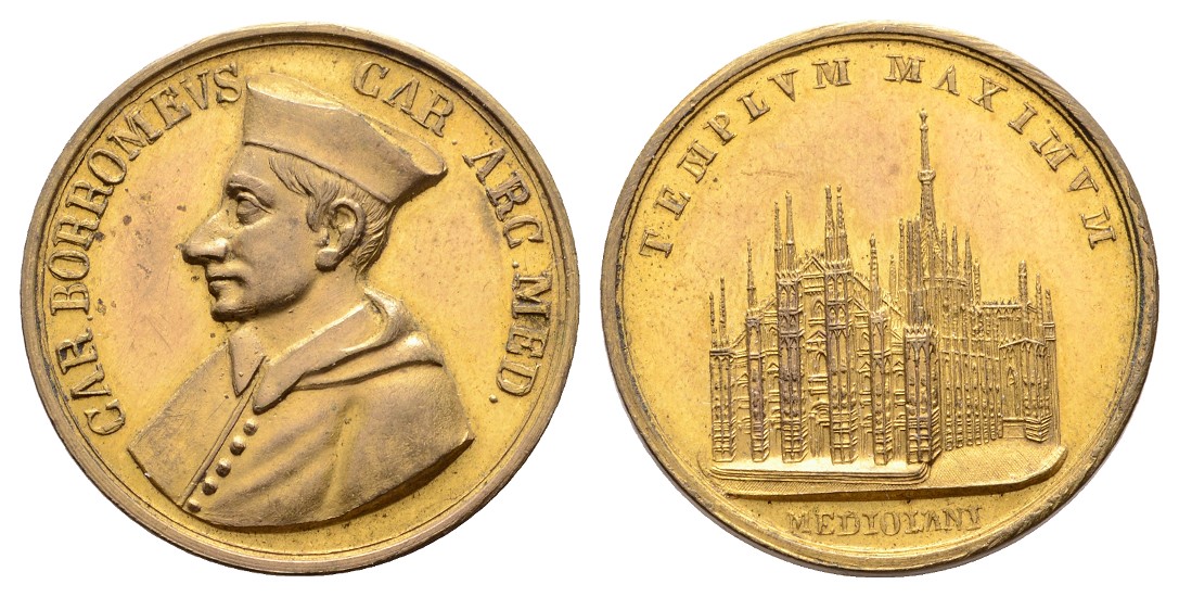  Linnartz Italien Mailand vergoldete Bronzemedaille o.J. (um 1890) Kardinal Borromeo, 32mm, Fast stgl   