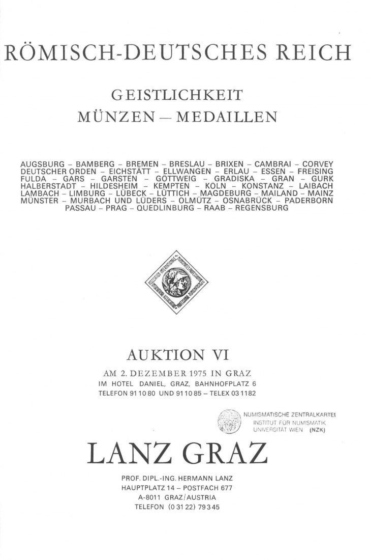  Lanz (Graz) Auktion 6 (1975) Aus Sammlung Hohenkubin - RDR - Geistlichkeit Münzen und Medaillen   