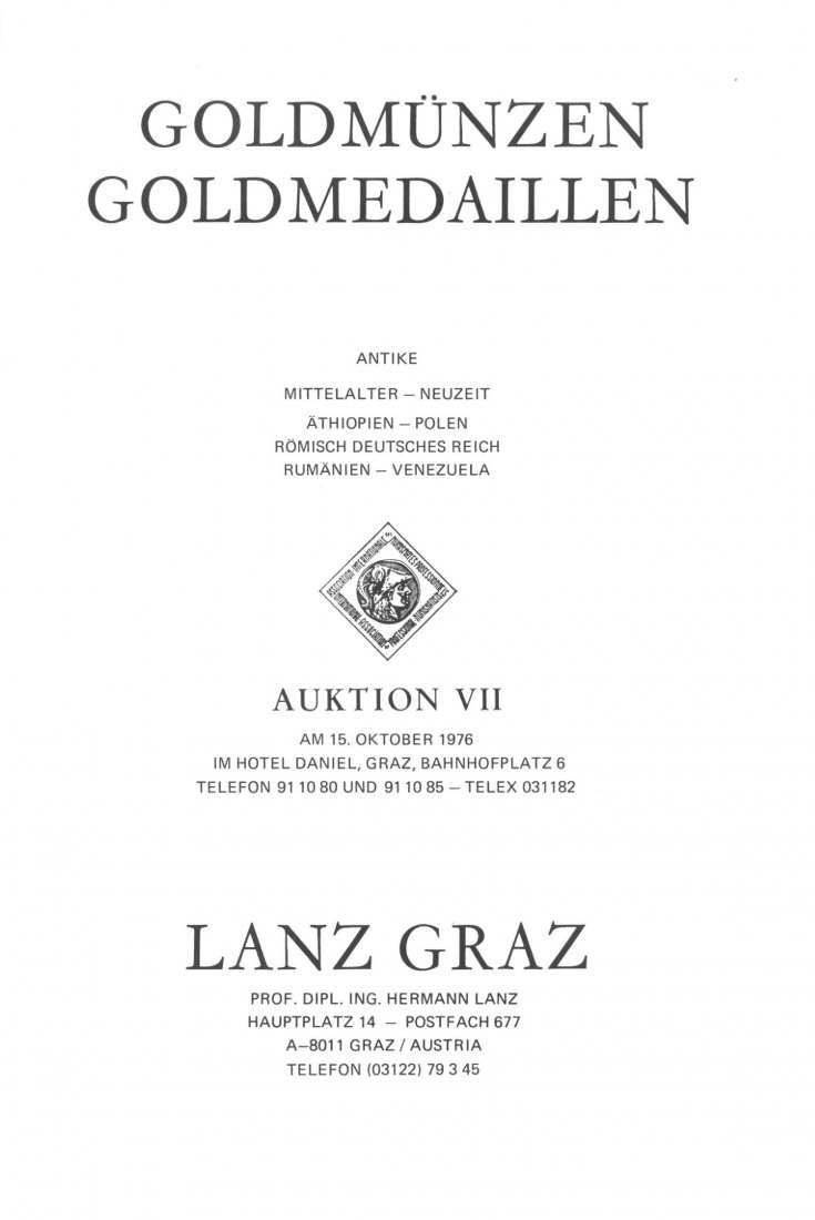  Lanz (Graz) Auktion 7 (1976) Aus Sammlung Hohenkubin - Goldmünzen & Goldmedaillen ,Antike - Neuzeit   