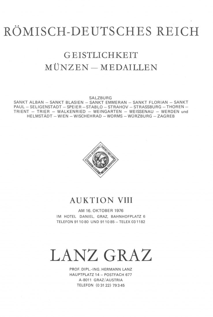  Lanz (Graz) Auktion 8 (1976) Aus Sammlung Hohenkubin - Geistlichkeit Münzen & Medaillen ua. Salzburg   