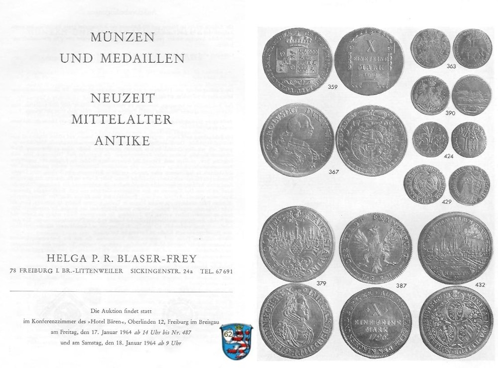  Blaser-Frey (Freiburg) Auktion 12 (1964) Münzen und Medaillen  Neuzeit ,Mittelalter und Antike   