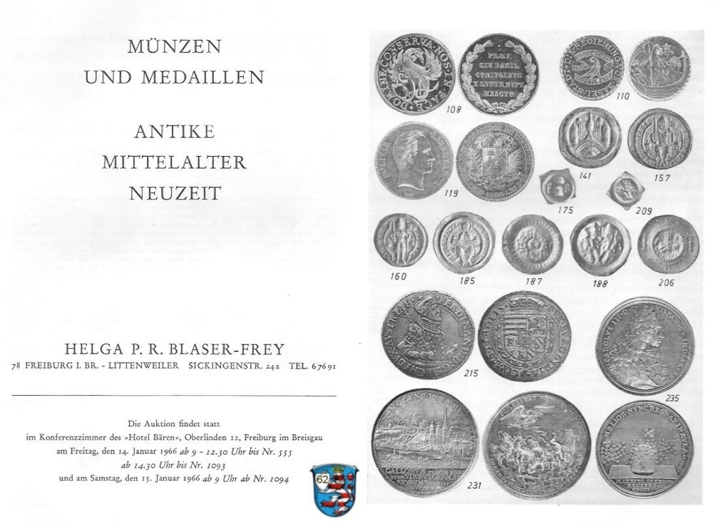  Blaser-Frey (Freiburg) Auktion 15 (1966) Münzen und Medaillen  Neuzeit ,Mittelalter und Antike   