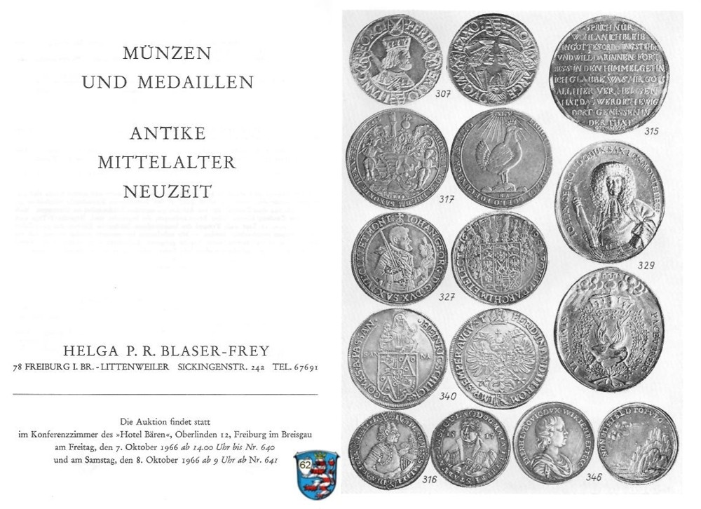  Blaser-Frey (Freiburg) Auktion 16 (1966) Münzen und Medaillen  Neuzeit ,Mittelalter und Antike   