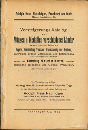  Hess, Adolf (Nachfolger); FFM, Auktionskatalog vom 29. November 1920, beigeschrieb. Preise   