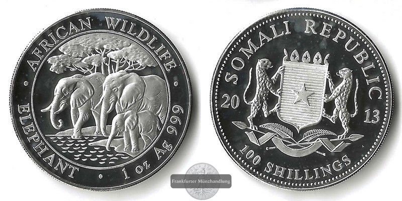  Somalia,  100 Schilling  2013 Elephants   FM-Frankfurt  Feinsilber: 31,1g   