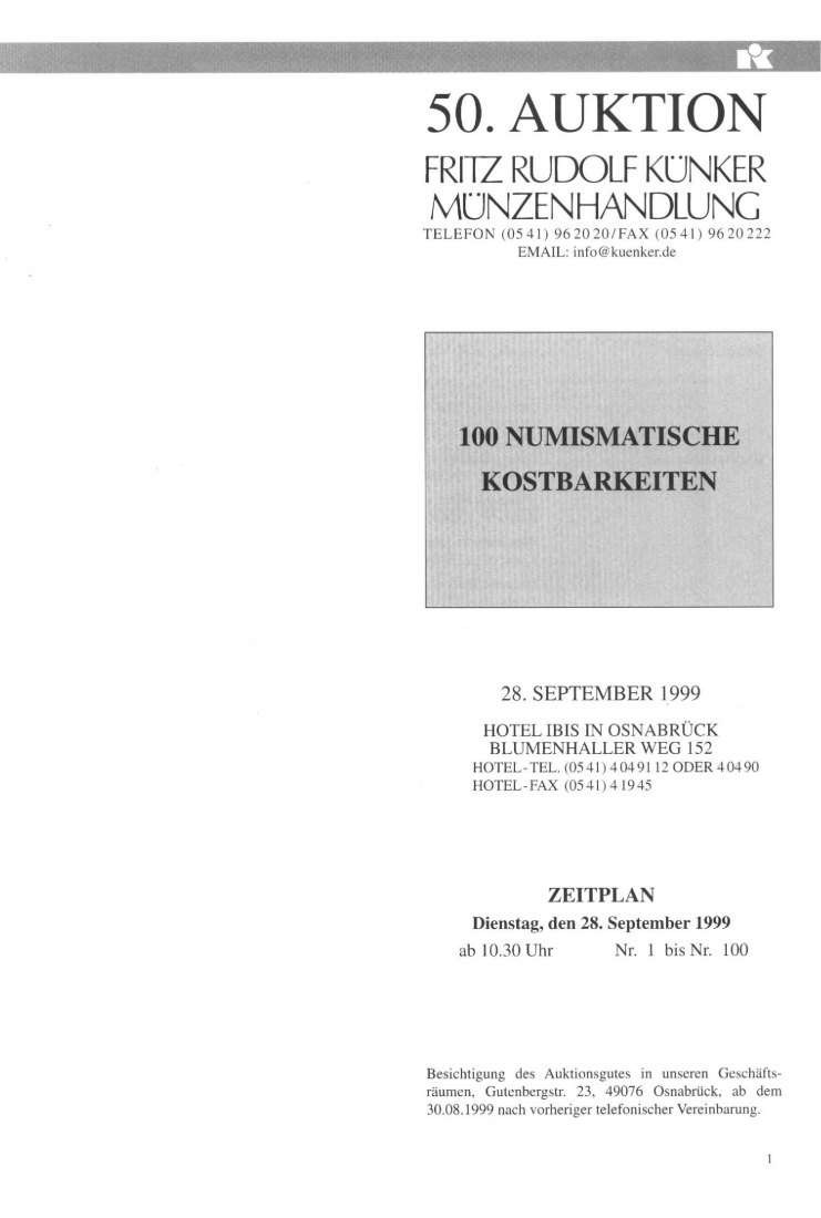  Künker (Osnabrück) 50 (1999) Jubiläumsband - 100 Numismatische Kostbarkeiten   