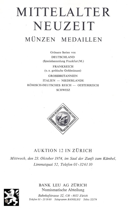  Bank Leu /LHS Numismatik (Zürich) 12 (1974) Spezialsammlung Frankfurt / Frankreich gothische Goldm.   