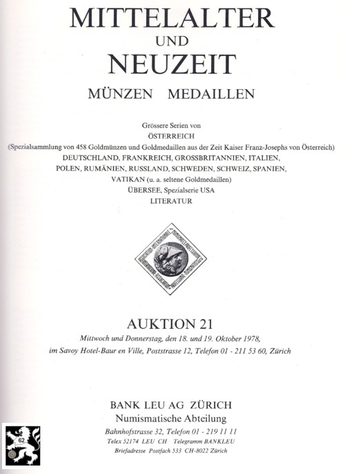  Bank Leu /LHS Numismatik (Zürich) 21 (1978) Goldmünzen der Zeit Kaiser Franz Josephs von Österreich   