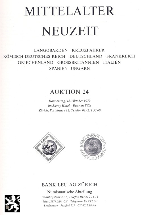  Bank Leu /LHS Numismatik (Zürich) 24 (1979) Langobarden ,Kreuzfahrer ,RDR ,Deutschland ,Frankreich   