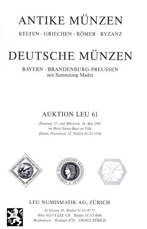  Bank Leu /LHS Numismatik (Zürich) 61 (1994) Antike / Münzen Bayern / Preussen aus Sammlung Mader   