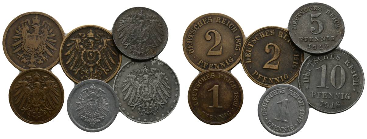  Deutsches Kaiserreich; 2 x 1 Pfennig; 2 x 2 Pfennig; 1 x 5 Pfennig; 1 x 10 Pfennig   