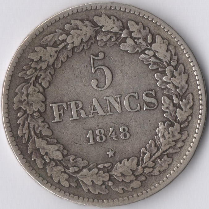  Belgien 5 Francs 1848 (S) Leopold I. (1831-1865) ROI DES BELGES   