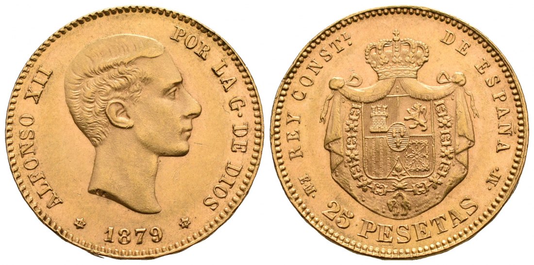 PEUS 6139 Spanien 7,26 g Feingold. Alfons XII. (1874 - 1885) 25 Pesetas GOLD 1879 (18.79)DE-M Kl. Kratzer, Vorzüglich