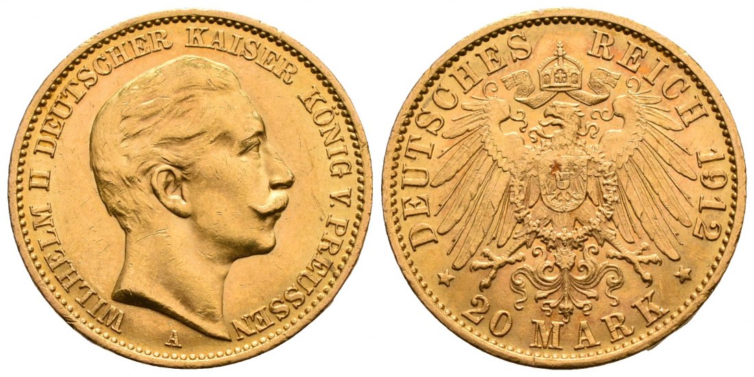 PEUS 6144 Kaiserreich - Preußen 7,16 g Feingold. Wilhelm II. (1888 - 1918) 20 Mark GOLD 1912 A Kl. Kratzer, fast Vorzüglich