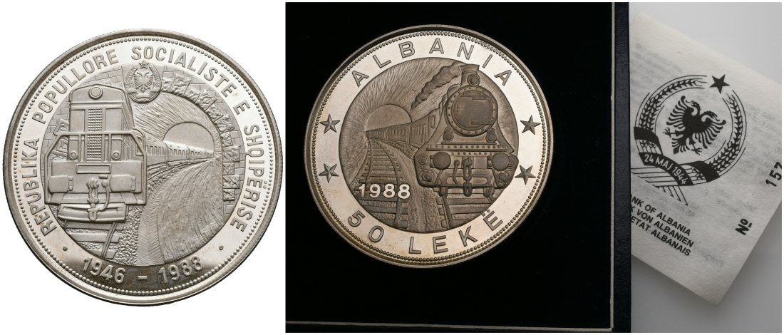 PEUS 6155 Albanien 155,54 g Feinsilber. Erste Eisenbahn incl. Etui und Zertifikat 50 Leke SILBER 1988 Proof (berührt)