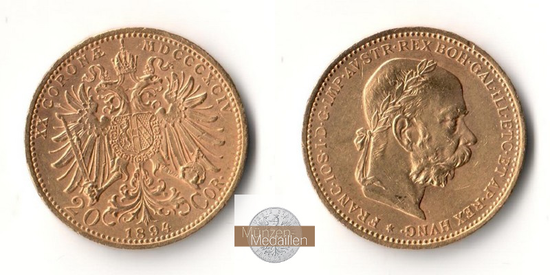 Österreich MM-Frankfurt Feingold: 6,10g 20 Kronen 1894 
