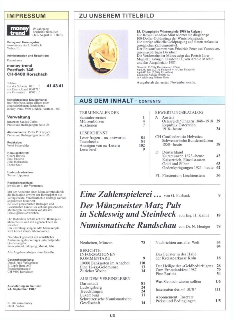  Money Trend 10/1987 - Der Münzmeister Matz Puls in Schleswig und Steinbeck (Geschichte und Gepräge)   