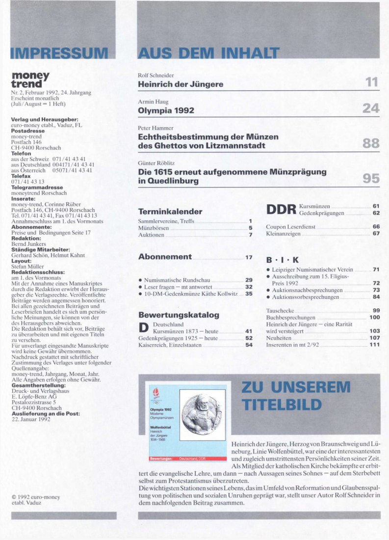  Money Trend 2/1992 - ua. Die 1615 erneut aufgenommene Münzprägung in Quedlinburg   