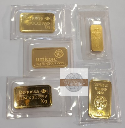 BRD 5 x 10g Goldbarren (LBMA) MM-Frankfurt Feingold: zus 50g Heareus, Degussa und andere