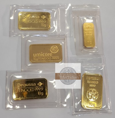 BRD 5 x 10g   Goldbarren (LBMA) MM-Frankfurt Feingold: zus 50g Heareus, Degussa und andere  