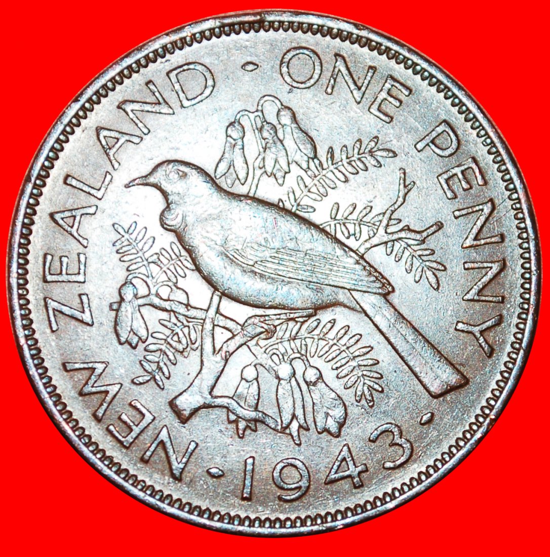  * BIRD: NEW ZEALAND ★ PENNY 1943! WAR ISSUE (1939-1945)! GEORGE VI 1937-1952 LOW START ★ NO RESERVE!   