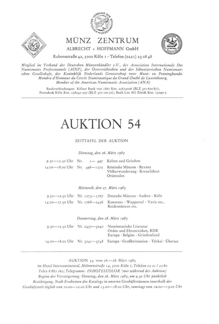  Münzzentrum (Köln) Auktion 54 (1985) Antike , Mittelalter bis Neuzeit besonders Heinsberg und Köln   
