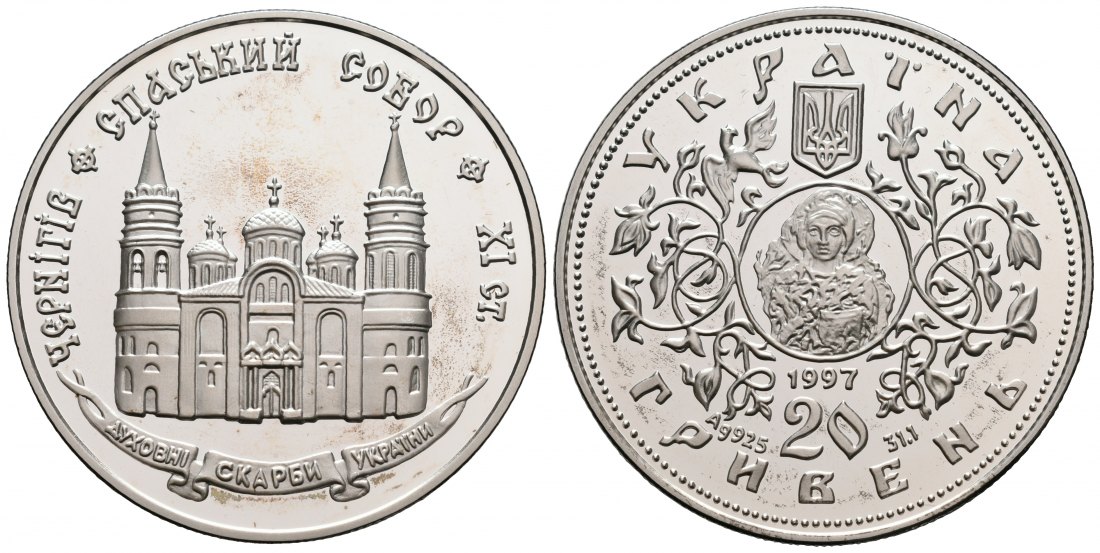 PEUS 6117 Ukraine 31,1 g Feinsilber. Erlöserkirche in Tschernihiw 20 Hryvnias SILBER Unze 1997 Proof (berührt)