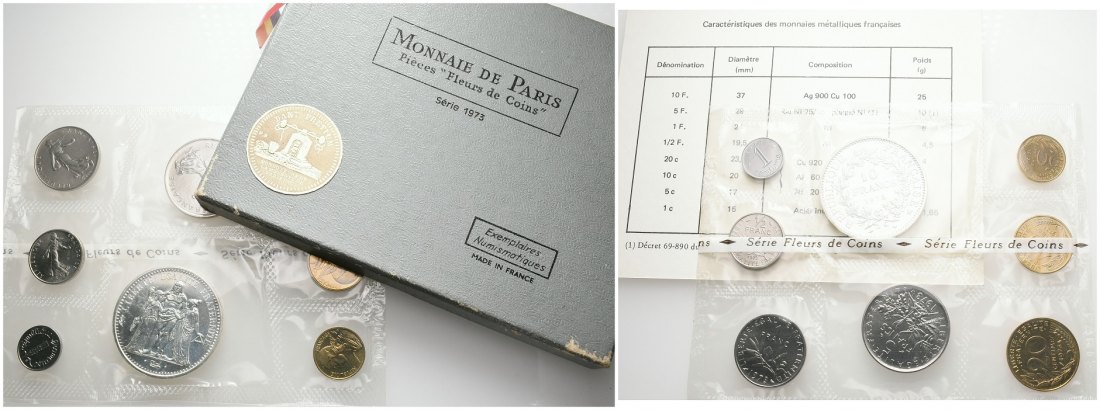 PEUS 6153 Frankreich 22,5 g Feinsilber. Incl. Originalverpackung KMS (8 Münzen) 1973 Stempelglanz (eingeschweißt)