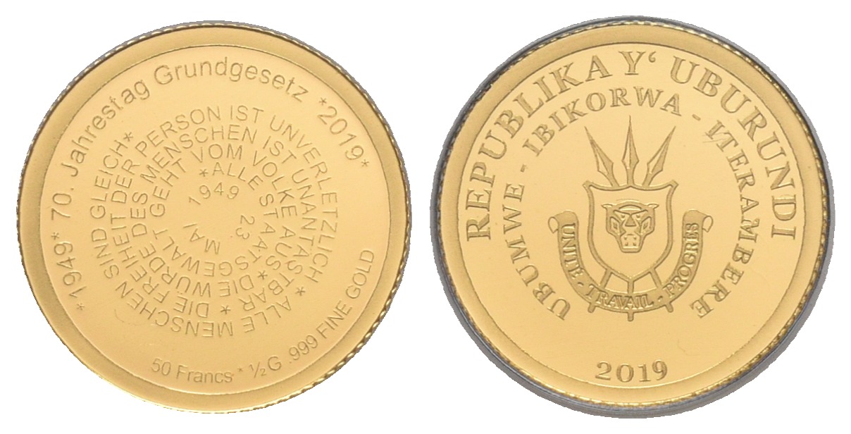 PEUS 6125 Burundi 0,5 g Feinsilber. 70 Jahre Grundgesetz in Deutschland 50 Francs GOLD 2019 Proof (Kapsel)