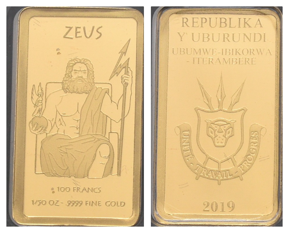 PEUS 6126 Burundi 0,6 g Feingold. Götter des Olymp - Zeus Barren GOLD 1/50 Unze 2019 Proof (Kapsel)
